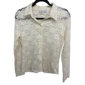 Y2K Ivory Cream Lace Mesh Button Down Long Sleeve Blouse Coquette Romantic Large